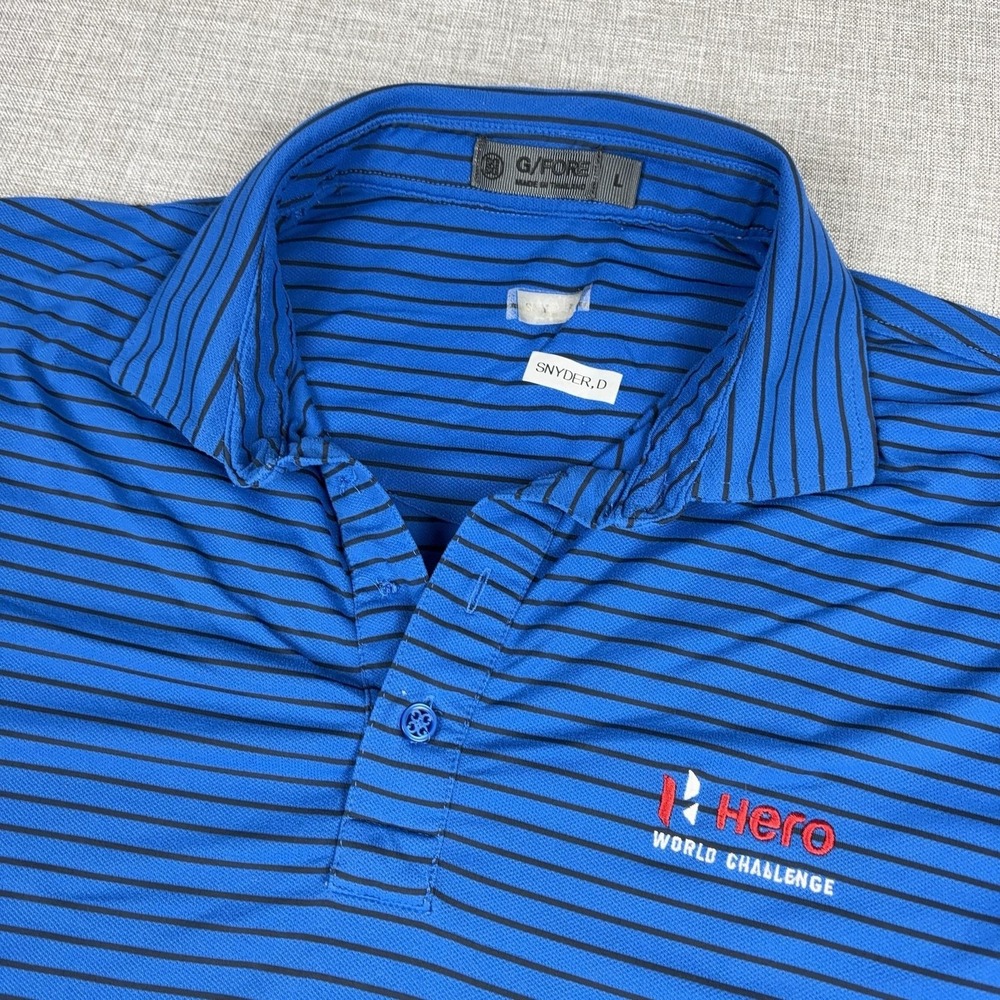 G/FORE Polo Shirt‎ Mens L Blue Striped Hero World Challenge Golf Performance